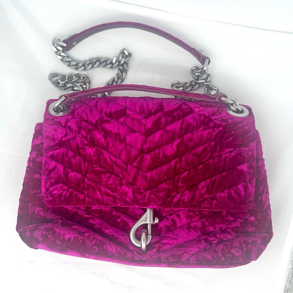 Rebecca Minkoff Luxurious Velvet Quilted Fuchsia bag with Adjustable chain